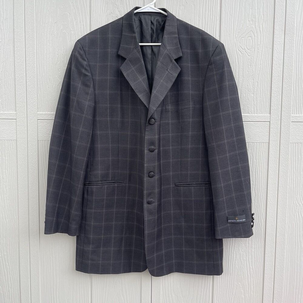 Stacy Adams Men’s Dark Gray Plaid Four Buttons Blazer Sport Coat Jacket Size 42L
